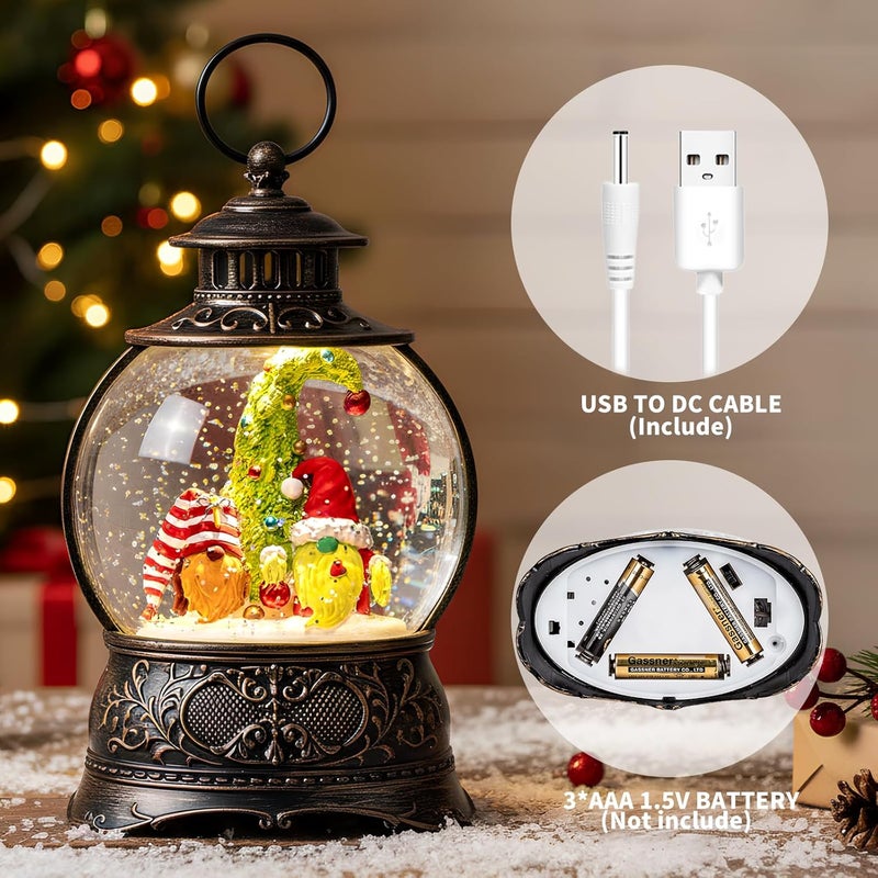 MXwcy Christmas Snow Globe Lighted Gnomes Santa Elf Whimsical Christmas Tree Scene, Musical Snow Water Lantern Swirling Glittering Home Decoration and Gift, Battery Operated or USB Powered - Image 4