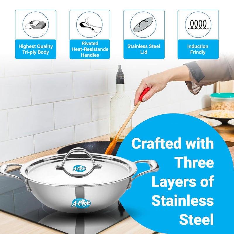 A-Cook طاسة كادهاي من الفولاذ المقاوم للصدأ ثلاثي الطبقات مع غطاء 22 سم 2 لتر - Image 3