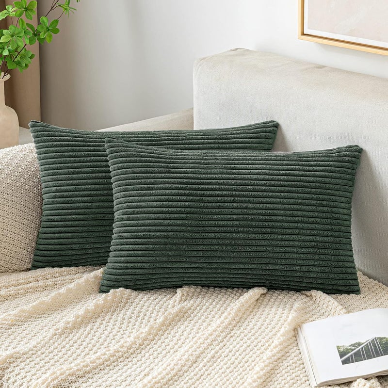 EMEMA Cushion Cover, 40 x 60 cm, Christmas Corduroy Cushion Covers, Decorative Cushion, Sofa Cushion, Corduroy Cushion Cover, Decorative Soft, for Sofa, Living Room, Bedroom, Set of 2, Dark Green - Image 1