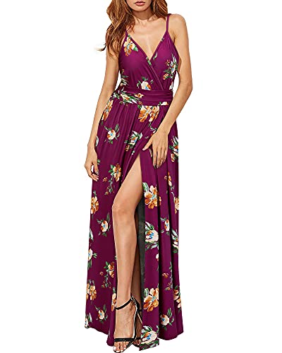 Newshows Women's Summer 2025 Dress V Neck Spaghetti Strap Beach Outfits Casual Floral Split Long Maxi Dress for Spring Wedding Guests(Red Floral Orange, Small) - Image 3