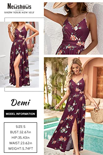 Newshows Women's Summer 2025 Dress V Neck Spaghetti Strap Beach Outfits Casual Floral Split Long Maxi Dress for Spring Wedding Guests(Red Floral Orange, Small) - Image 2