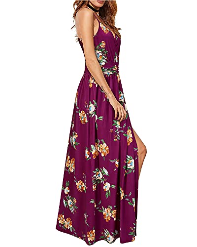 Newshows Women's Summer 2025 Dress V Neck Spaghetti Strap Beach Outfits Casual Floral Split Long Maxi Dress for Spring Wedding Guests(Red Floral Orange, Small) - Image 4