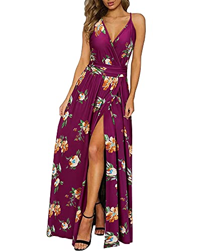 Newshows Women's Summer 2025 Dress V Neck Spaghetti Strap Beach Outfits Casual Floral Split Long Maxi Dress for Spring Wedding Guests(Red Floral Orange, Small) - Image 1