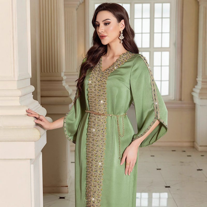 Elegant Hand-Beaded Lace-Trimmed Long Kaftan Dress in Green - Image 4