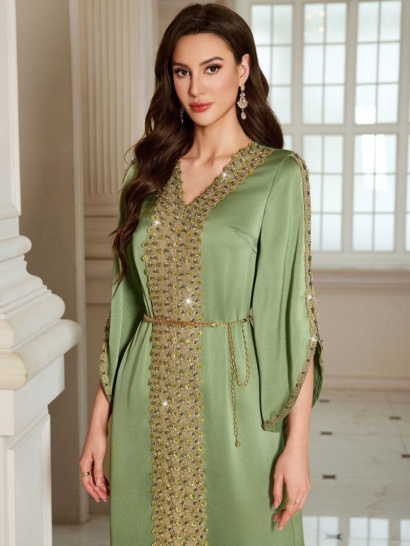Elegant Hand-Beaded Lace-Trimmed Long Kaftan Dress in Green - Image 1