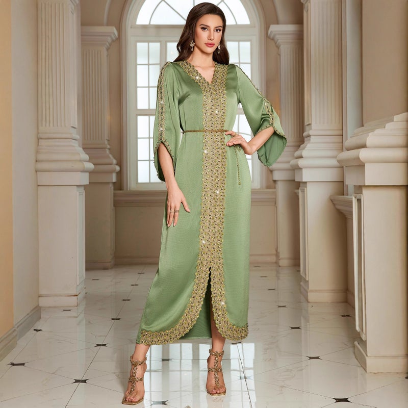 Elegant Hand-Beaded Lace-Trimmed Long Kaftan Dress in Green - Image 5