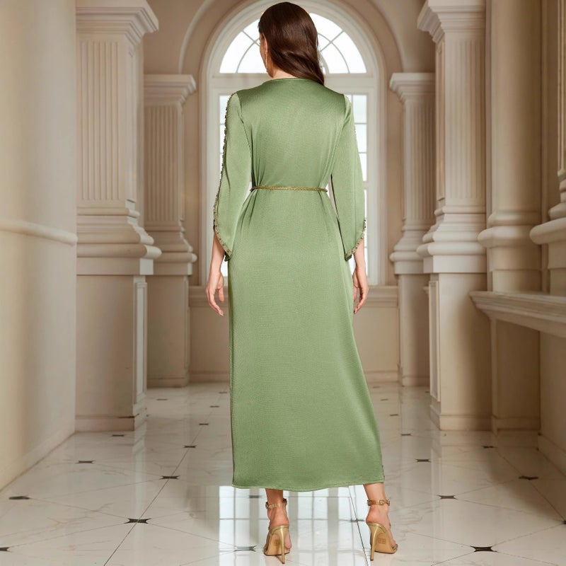 Elegant Hand-Beaded Lace-Trimmed Long Kaftan Dress in Green - Image 3