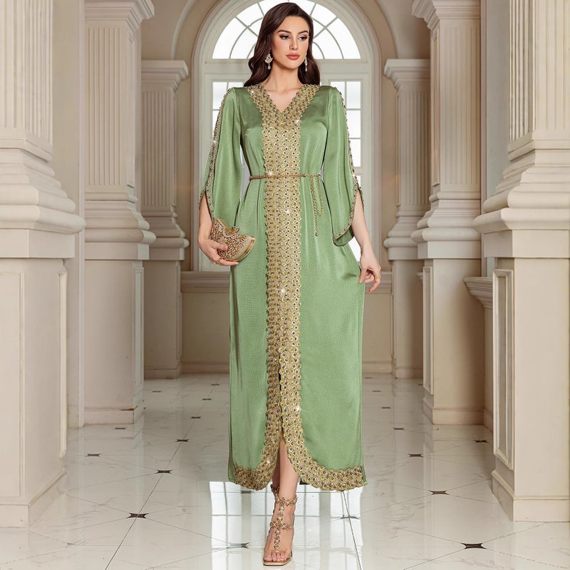 Elegant Hand-Beaded Lace-Trimmed Long Kaftan Dress in Green - Image 2