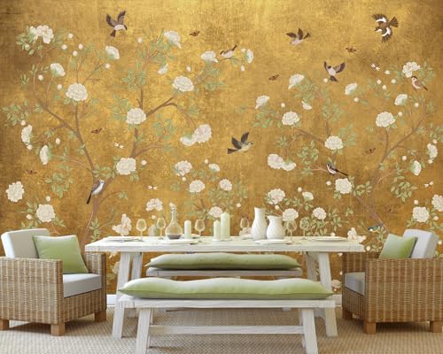 Ausril Plum Blossom Mural Wallpaper Golden Background Floral Wall Mural Chinoiserie Bird Flower Mural Vintage Branches Wallpaper for Living Room Bedroom Dinning Room 141x96Not Peel and Stick - Image 3