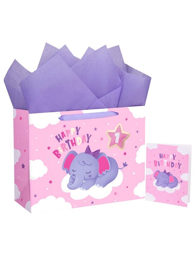 WRAPAHOLIC - 13" Large Gift Bag With Card And Tissue Paper Elephant 1St Birthday - Image 1