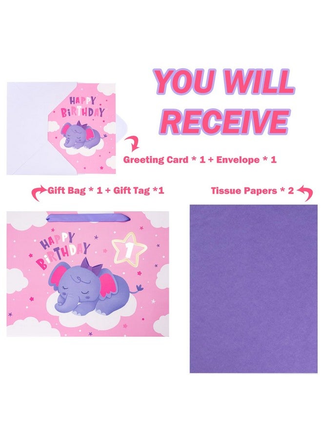 WRAPAHOLIC - 13" Large Gift Bag With Card And Tissue Paper Elephant 1St Birthday - Image 1