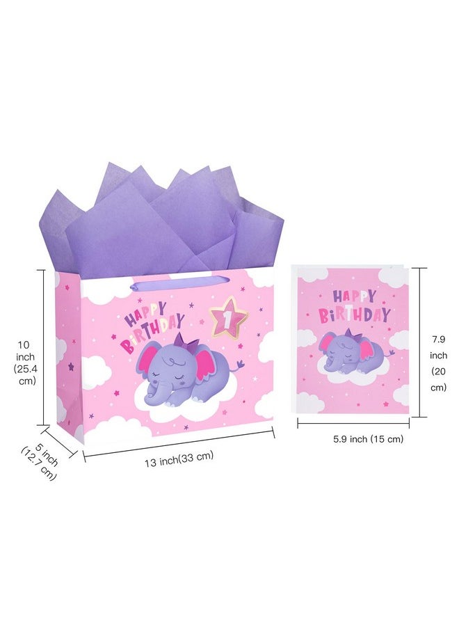 WRAPAHOLIC - 13" Large Gift Bag With Card And Tissue Paper Elephant 1St Birthday - Image 1