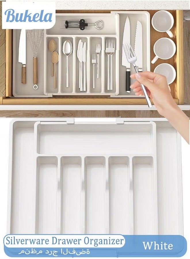 كيلا منظم درج الأدوات الفضية القابل للتوسيع، صينية أدوات المطبخ القابلة للتعديل لحمل أدوات المائدة والأواني، تخزين بلاستيكي مدمج للملاعق والشوك والسكاكين، بحجم كبير مع تشطيب آمن وعالي الجودة - Image 1