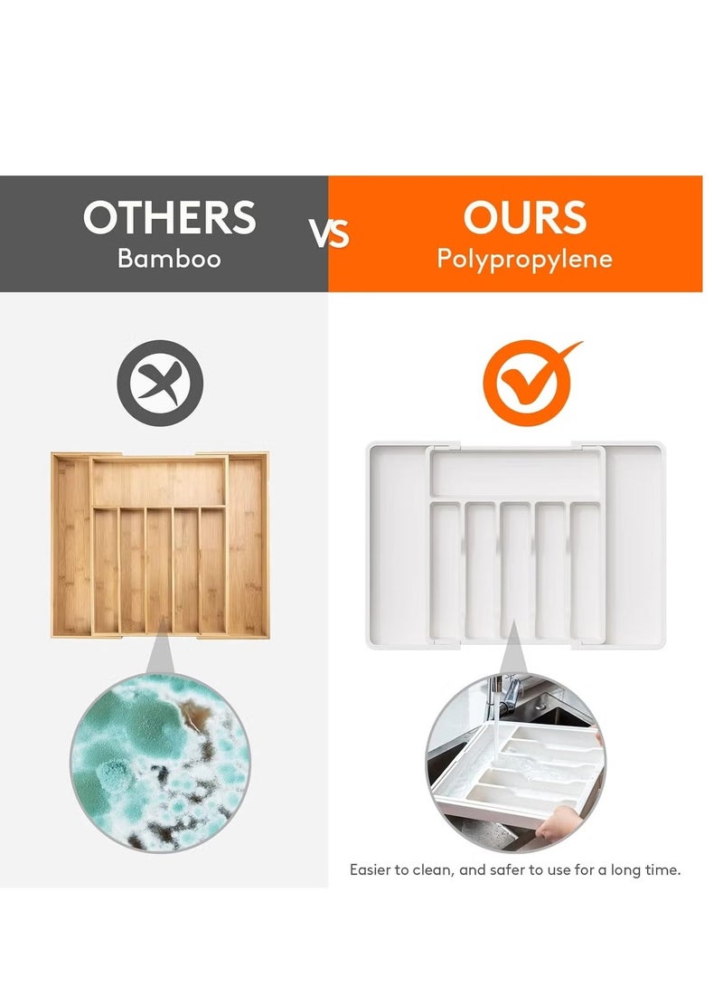 كيلا منظم درج الأدوات الفضية القابل للتوسيع، صينية أدوات المطبخ القابلة للتعديل لحمل أدوات المائدة والأواني، تخزين بلاستيكي مدمج للملاعق والشوك والسكاكين، بحجم كبير مع تشطيب آمن وعالي الجودة - Image 4