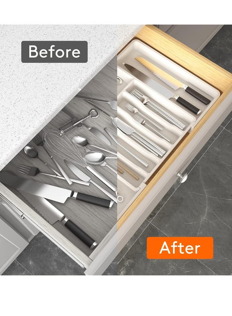 كيلا منظم درج الأدوات الفضية القابل للتوسيع، صينية أدوات المطبخ القابلة للتعديل لحمل أدوات المائدة والأواني، تخزين بلاستيكي مدمج للملاعق والشوك والسكاكين، بحجم كبير مع تشطيب آمن وعالي الجودة - Image 5