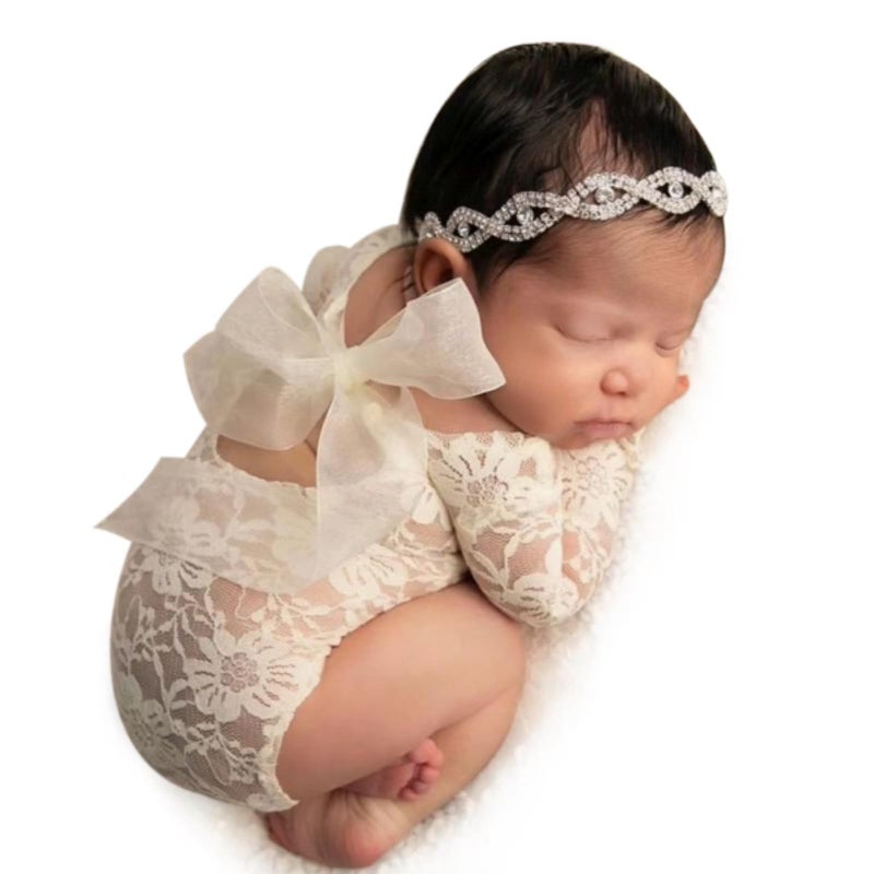 ForBaysy Newborn Photography Prop For Girls Newborn Lace Outfits Lace Romper With Headband Infant Bow Princess Costume Letard - Image 2