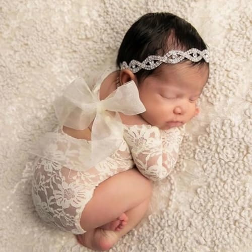 ForBaysy Newborn Photography Prop For Girls Newborn Lace Outfits Lace Romper With Headband Infant Bow Princess Costume Letard - Image 3
