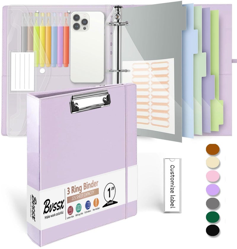 BVSSX 3 Ring Binder, 1 Inch Leather Binders with Clipboards, 5-Tabs Pockets Dividers, 18 Divider Stikers, Plastic Folder, Pen Holder, Three Ring Binder with Pen Holder(Purple, Letter Size) - Image 1