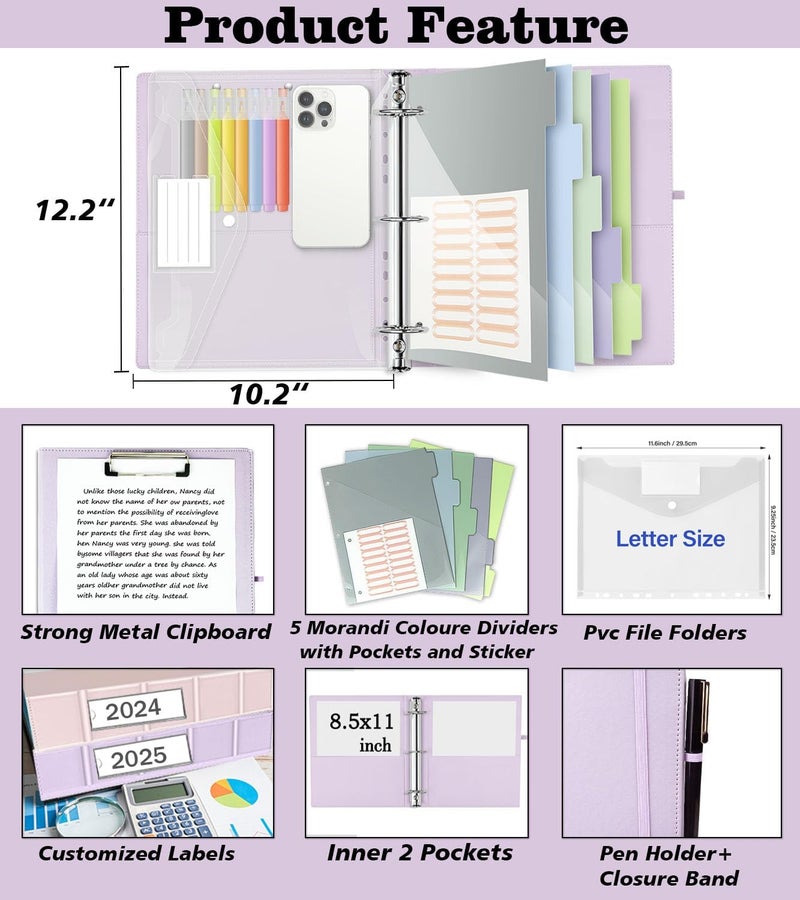 BVSSX 3 Ring Binder, 1 Inch Leather Binders with Clipboards, 5-Tabs Pockets Dividers, 18 Divider Stikers, Plastic Folder, Pen Holder, Three Ring Binder with Pen Holder(Purple, Letter Size) - Image 2