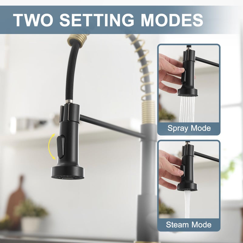 AIMADI Matte Black Kitchen Faucet,Black and Gold Kitchen Faucet with Pull Down Sprayer Commercial Single Handle Spring Sink Faucets Suitable for Farmhouses,Camper Laundry Rv Bar - Image 2