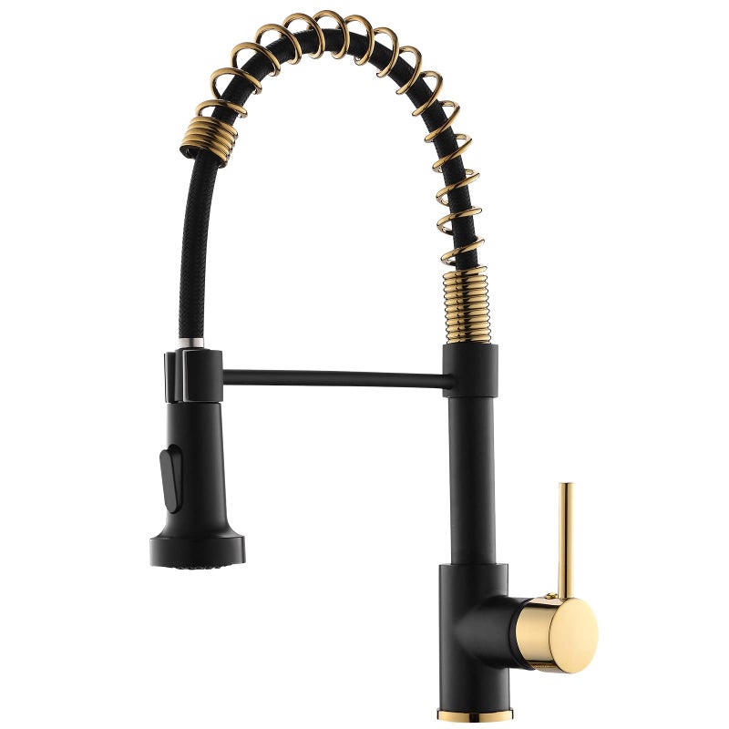 AIMADI Matte Black Kitchen Faucet,Black and Gold Kitchen Faucet with Pull Down Sprayer Commercial Single Handle Spring Sink Faucets Suitable for Farmhouses,Camper Laundry Rv Bar - Image 1