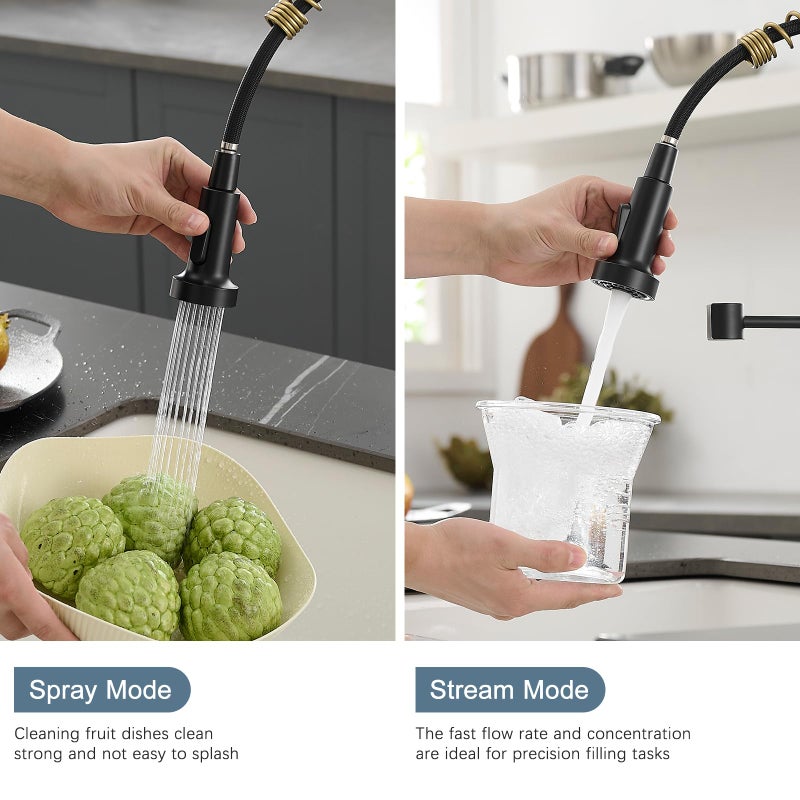 AIMADI Matte Black Kitchen Faucet,Black and Gold Kitchen Faucet with Pull Down Sprayer Commercial Single Handle Spring Sink Faucets Suitable for Farmhouses,Camper Laundry Rv Bar - Image 4