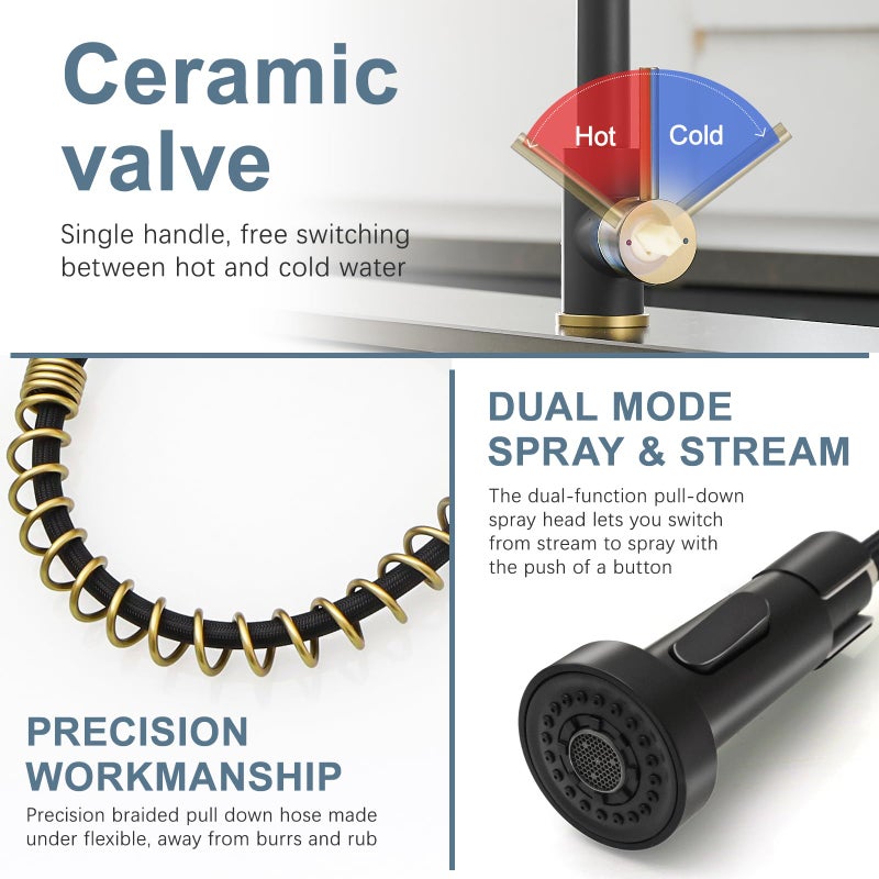 AIMADI Matte Black Kitchen Faucet,Black and Gold Kitchen Faucet with Pull Down Sprayer Commercial Single Handle Spring Sink Faucets Suitable for Farmhouses,Camper Laundry Rv Bar - Image 3
