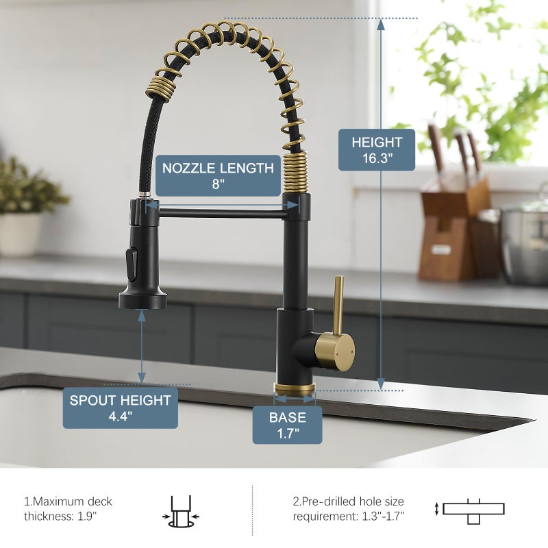 AIMADI Matte Black Kitchen Faucet,Black and Gold Kitchen Faucet with Pull Down Sprayer Commercial Single Handle Spring Sink Faucets Suitable for Farmhouses,Camper Laundry Rv Bar - Image 5