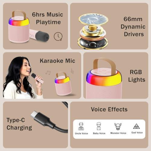 pTron Newly Launched Fusion Bliss 16W Bluetooth Speaker with Wireless Karaoke Mic, 6H Playtime, Vibrant RGB Lights, Voice Effects, Multi-Play Modes BT5.3/TF Card & Type-C Charging Port (Light Pink) - Image 2