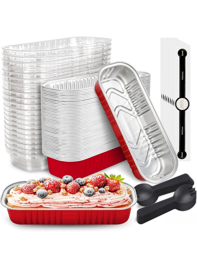 عام 50 عبوة من قوالب الكيك الصغيرة مع أغطية وملاعق، وصينية خبز مستطيلة من رقائق الألومنيوم، وصواني رغيف صغيرة وحاويات طعام بأغطية (أحمر، 6.8 أونصة) - Image 1