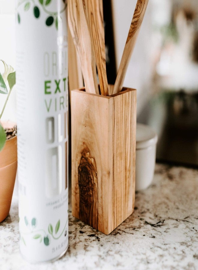 ثيرتين سيفس حامل أدوات المطبخ من خشب الزيتون من ترامانتو - وعاء خشبي مربع صغير الحجم 3 × 3 بوصة لأدوات المطبخ والطهي (ارتفاع 6 بوصات) - Image 2