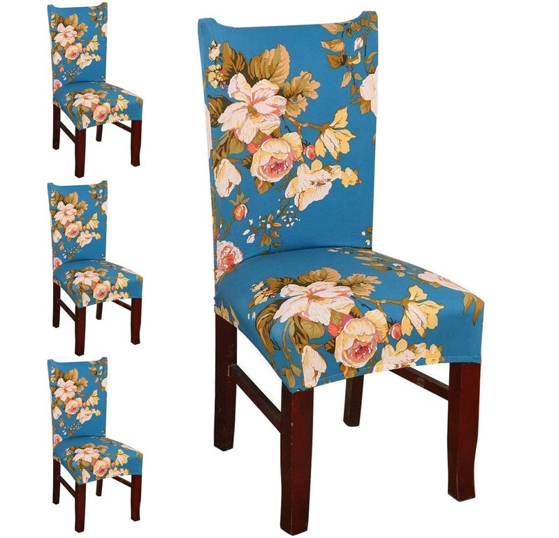 Styleys Polyester Blend Chair Cover Stretchable Printed Washable Elastic Chair Covers Set of 4 Seater for Home, Kitchen, Party, Restaurant, Hotel (SD14 Blue Flower) - Set of 4 - Image 1