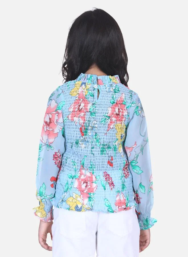 ليل بيكس Powder Blue Floral Hi-Neck Smocking Top