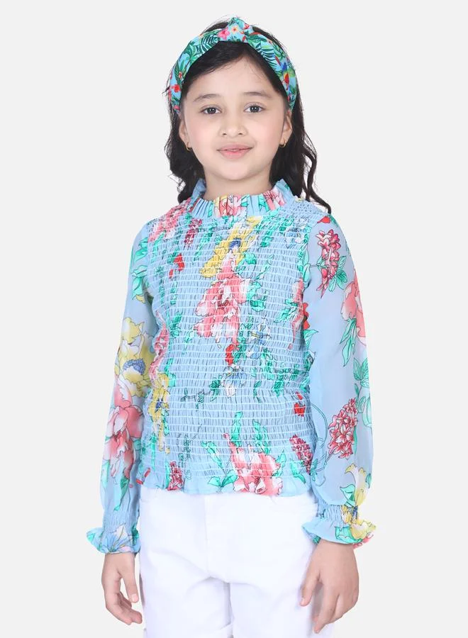 ليل بيكس Powder Blue Floral Hi-Neck Smocking Top