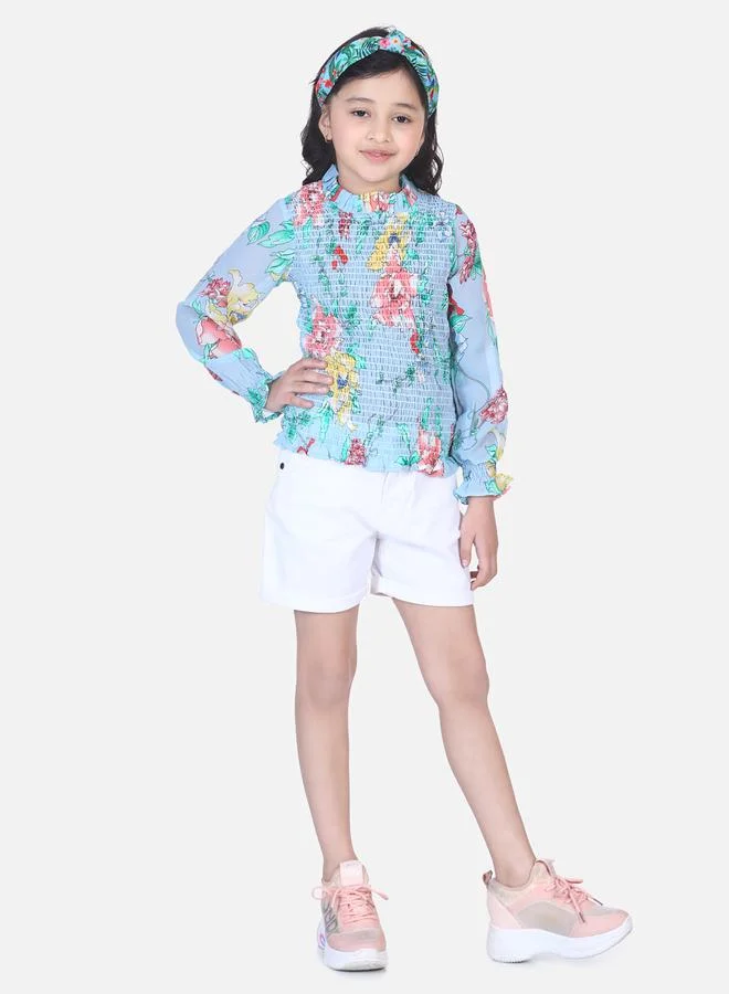 ليل بيكس Powder Blue Floral Hi-Neck Smocking Top