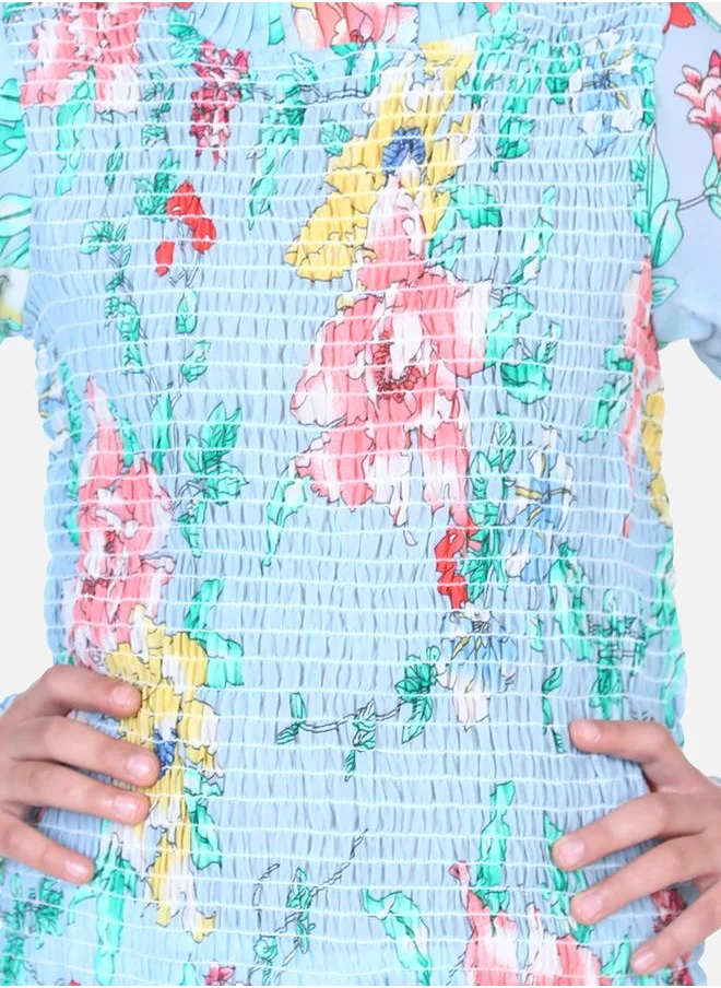 LILPICKS Powder Blue Floral Hi-Neck Smocking Top