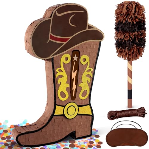 Pardecor Cowboy Boot Pinata for Western Theme Party Decorations Large Brown Cowgirl Birthday Pinata with Stick Blindfold Wild West Party Supplies Gender Reveal Bachelorette Nashville Last Disco Decor - Image 1