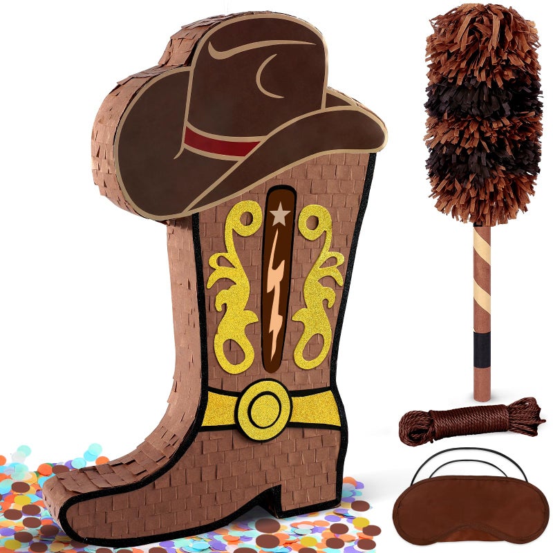 Pardecor Cowboy Boot Pinata for Western Theme Party Decorations Large Brown Cowgirl Birthday Pinata with Stick Blindfold Wild West Party Supplies Gender Reveal Bachelorette Nashville Last Disco Decor - Image 3