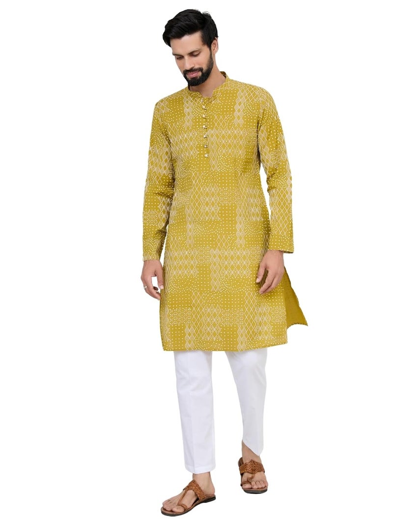 See Designs Men's Full Sleeve Mandarin Collar Mustard Embossed Printed and Foil Printed Straight Long Kurta with Pyjama - Festive Collection | - SDKT292101M - Image 1
