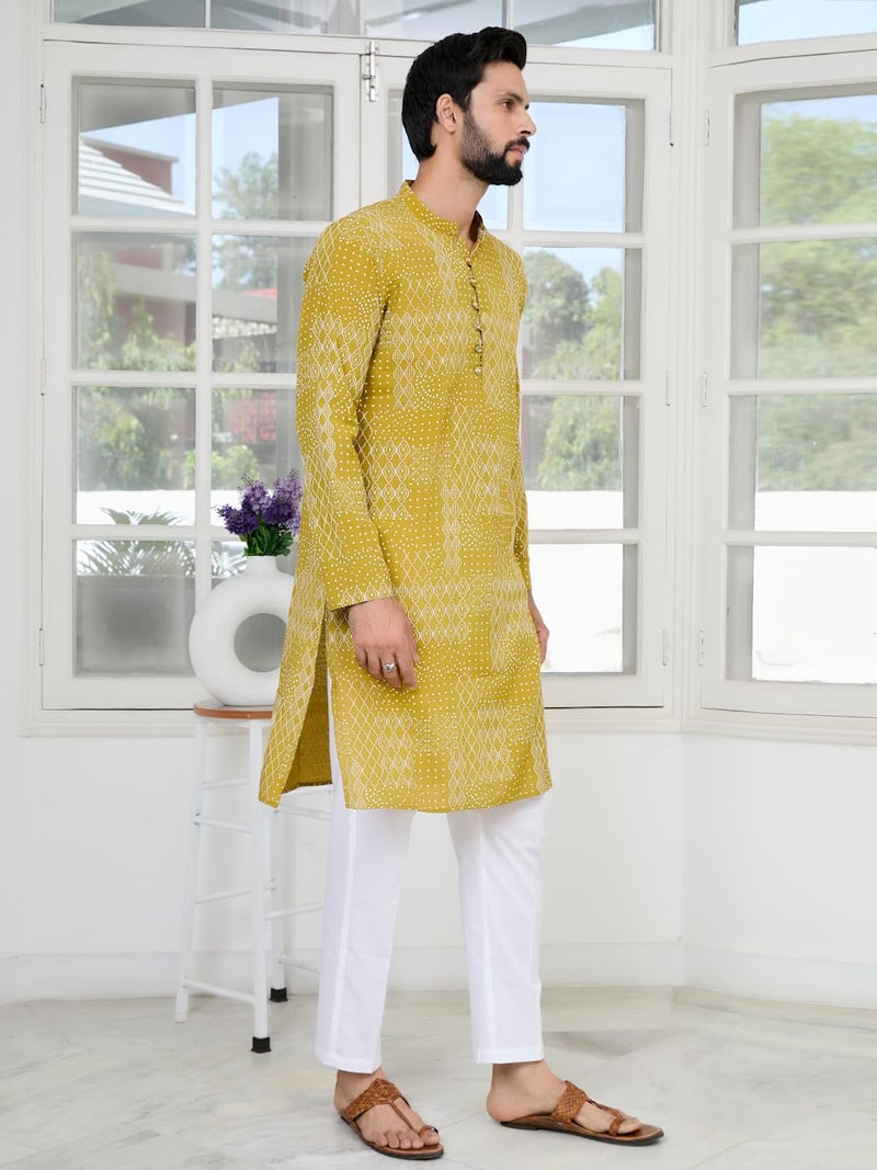 See Designs Men's Full Sleeve Mandarin Collar Mustard Embossed Printed and Foil Printed Straight Long Kurta with Pyjama - Festive Collection | - SDKT292101M - Image 4