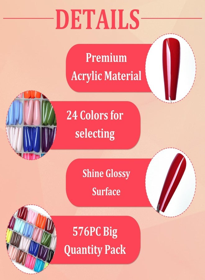 Lifextol 576pc Coffin Press on Nails Long Fake Nails Press ons Acrylic Nail Press on Nail Coffin Glue on Nails for Women, 24 Color Stick on Nail Tip Artificial Fingernail Presson Nails with Glue&Tab - Image 3