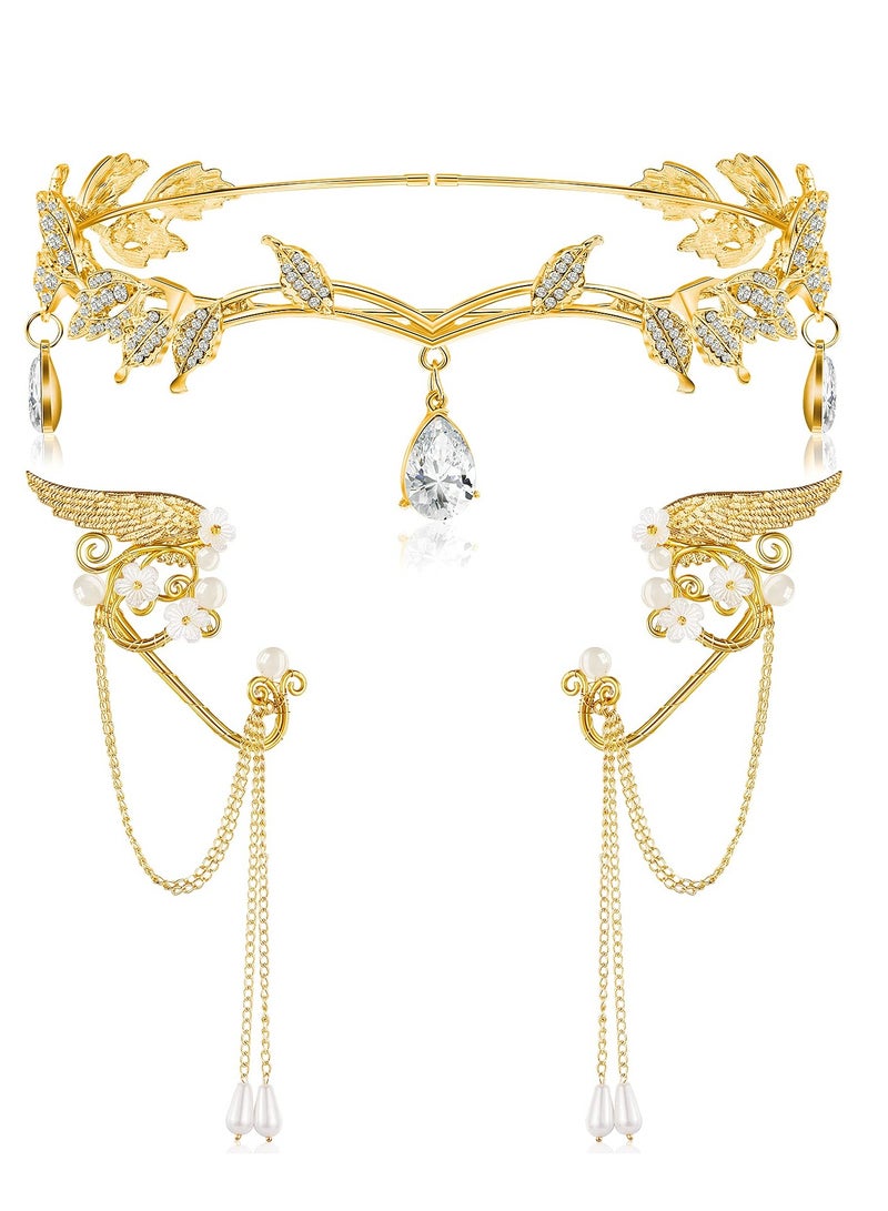 Excefore Rhinestone Fairy Leaf Headband Elf Ear Cuffs Crown Earring Accessory for Cosplay Pageant Wedding Prom, Gold - Image 3