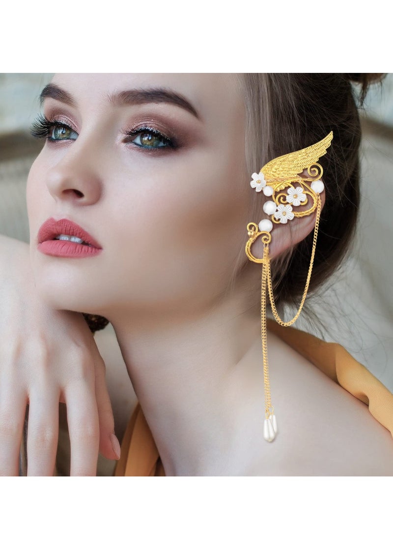 Excefore Rhinestone Fairy Leaf Headband Elf Ear Cuffs Crown Earring Accessory for Cosplay Pageant Wedding Prom, Gold - Image 1