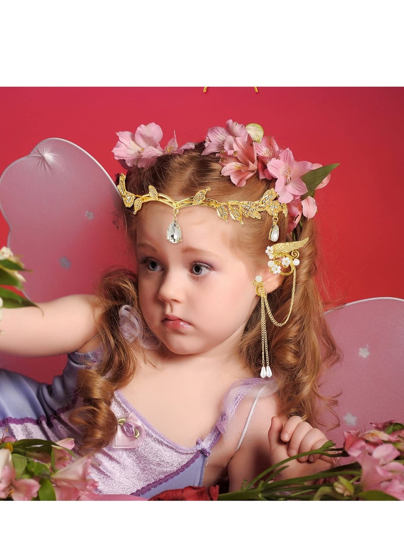 Excefore Rhinestone Fairy Leaf Headband Elf Ear Cuffs Crown Earring Accessory for Cosplay Pageant Wedding Prom, Gold - Image 4