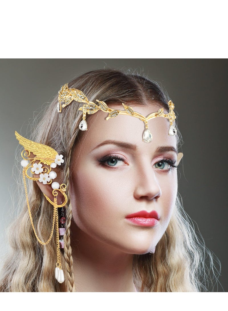 Excefore Rhinestone Fairy Leaf Headband Elf Ear Cuffs Crown Earring Accessory for Cosplay Pageant Wedding Prom, Gold - Image 2