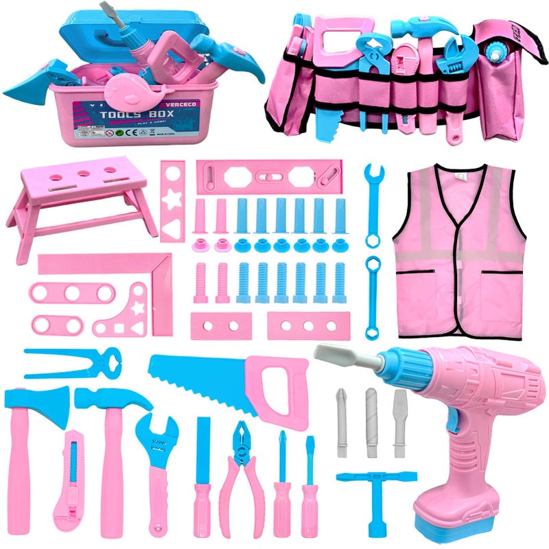Verceco Kids Tool Set 55Pcs Tool Box Toddler Tool Kit for Girls Play Tools Toy with Tool Belt Electronic Toy Drill Safety Vest Pretend Play Construction Toy for Girls Boys Ages 3 4 5 6 7 Years Old - Image 3