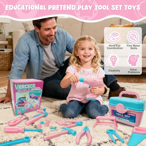 Verceco Kids Tool Set 55Pcs Tool Box Toddler Tool Kit for Girls Play Tools Toy with Tool Belt Electronic Toy Drill Safety Vest Pretend Play Construction Toy for Girls Boys Ages 3 4 5 6 7 Years Old - Image 5