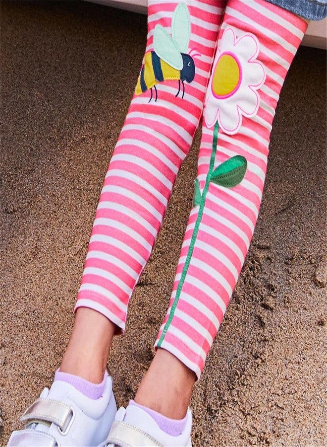 WEONEDREAM Baby Girl Pants Summer Spring Autumn Pink Stripe Bee Flowers Stretch Leggings for Baby Girls Kids Toddlers' Bottoms Cotton Fashion Comfortable Pants Size 6 7T Casual Playwear (1205, 7T) - Image 2