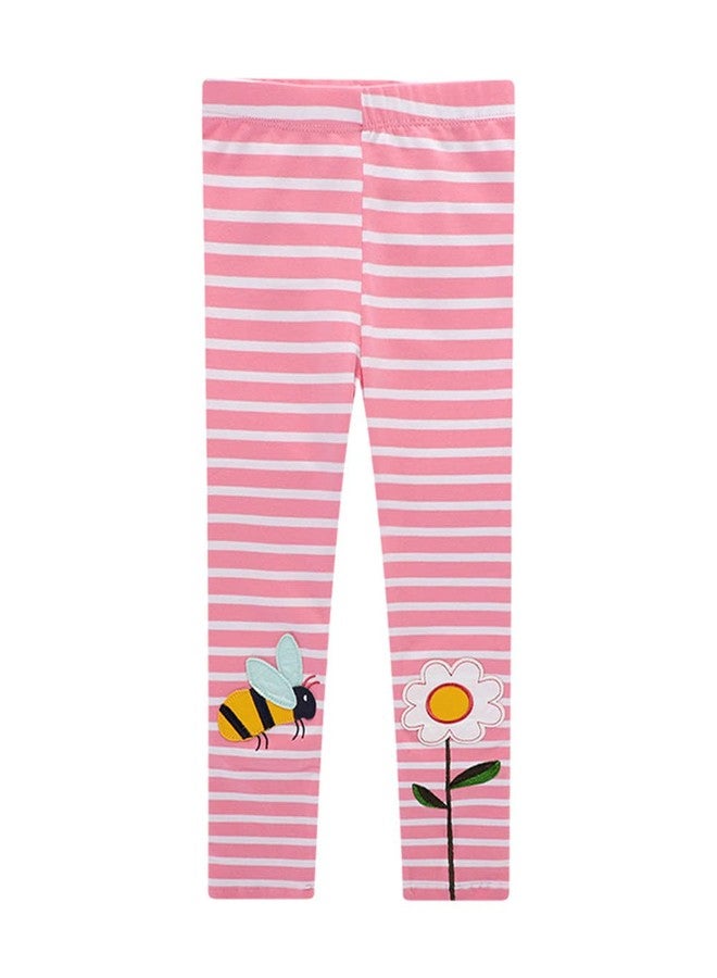 WEONEDREAM Baby Girl Pants Summer Spring Autumn Pink Stripe Bee Flowers Stretch Leggings for Baby Girls Kids Toddlers' Bottoms Cotton Fashion Comfortable Pants Size 6 7T Casual Playwear (1205, 7T) - Image 1