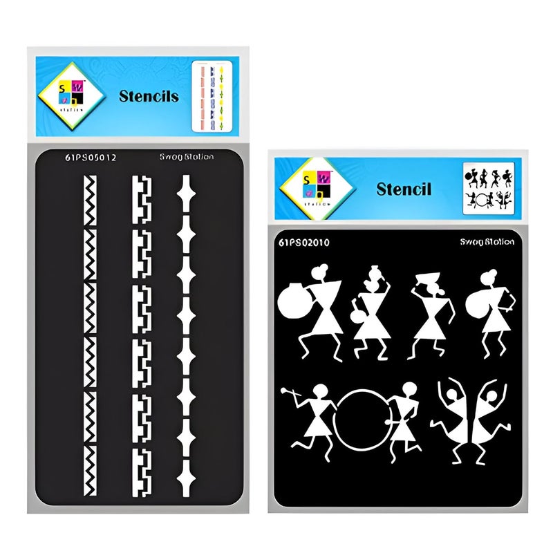 SWAGSTATION Warli Painting Stencils for Wall Tribal Wall Border 6x6 8x4 Inch 2 Pcs Stencils for Craft and Art for Adults Reusable Painting for Home Dcor Fabric